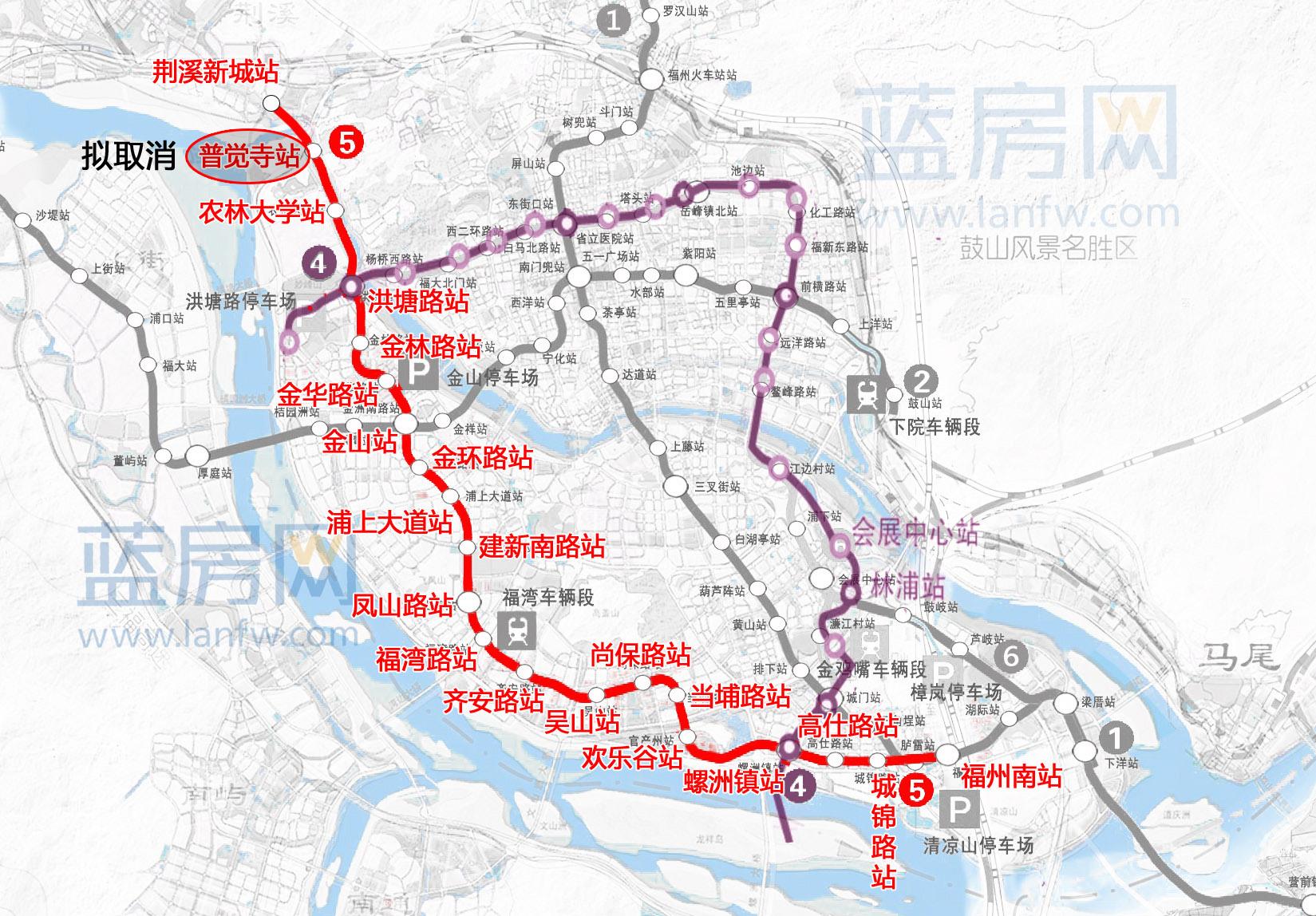 福州地鐵5號線,西起閩侯荊溪新城,從西向東穿過南臺島,終於福州火車